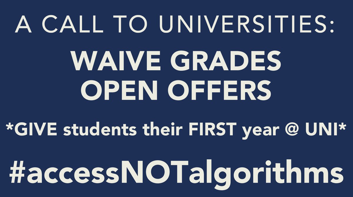 ArzooAhmed's tweet image. A CALL TO UNIVERSITIES for our young people's future:

#WAIVEGRADES
#OPENOFFERS 

***Give students their first year at university***

#accessNOTalgorithms #AlevelResults #actnow 

Twitter: RT &amp;amp; tag universities - they can make this better.