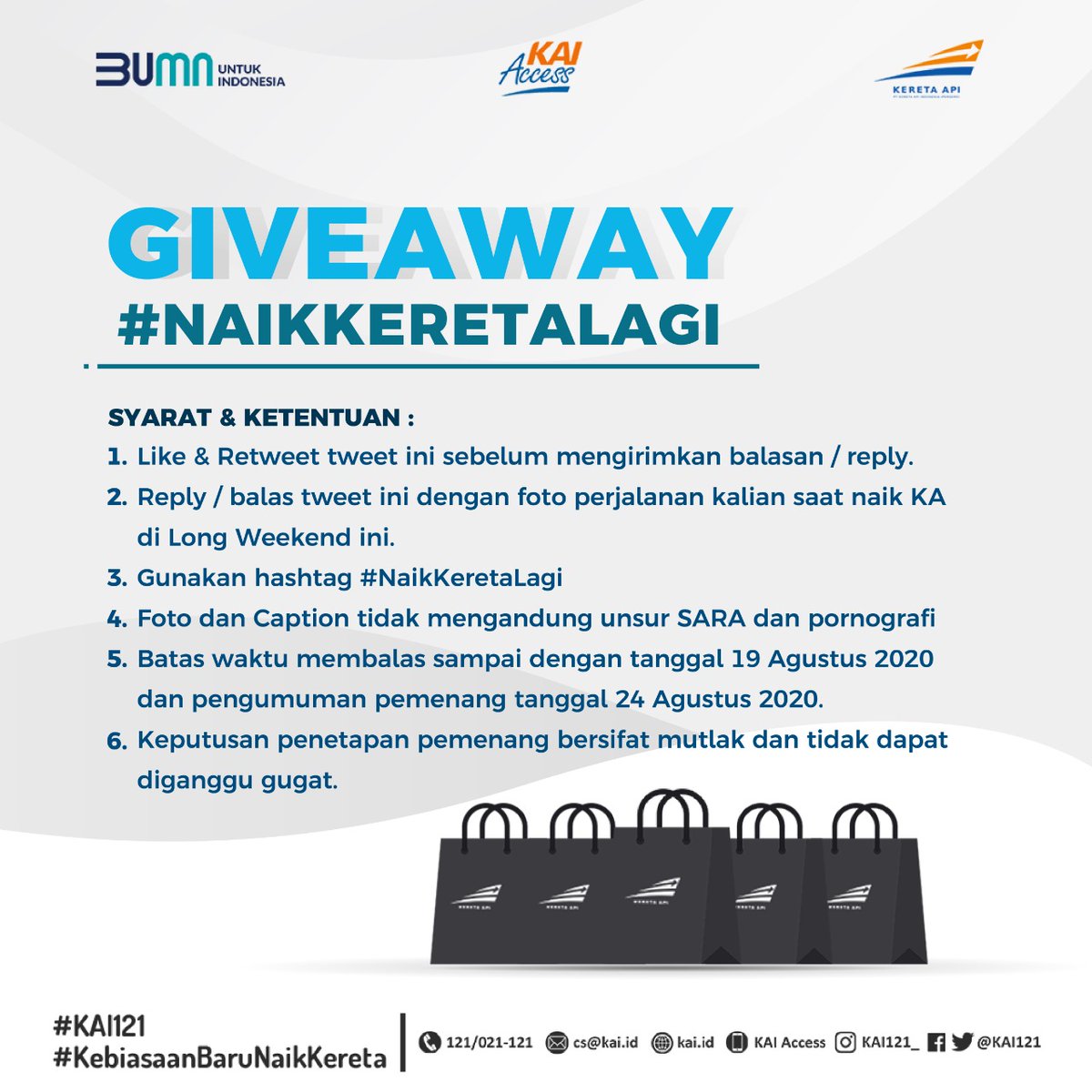 🎁Giveaway Alert

Reply / balas tweet ini dg foto perjalanan kalian saat naik KA di Long Weekend ini, jgn lupa caption menariknya dalam 1 kali tweet dan pakai hashtag : #NaikKeretaLagi

Baca dulu syarat &amp; ketentuannya agar peluang menangmu makin besar. Good luck #SahabatKAI.