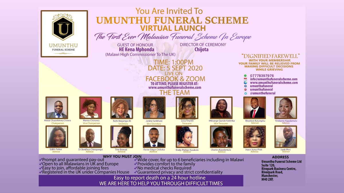 UmunthuFuneral's tweet photo. Umunthu Funeral Scheme is launching on 5th September 2020!  Register for the Virtual Launch at https://t.co/PS9g3LgdUo https://t.co/KxthsyYv7W