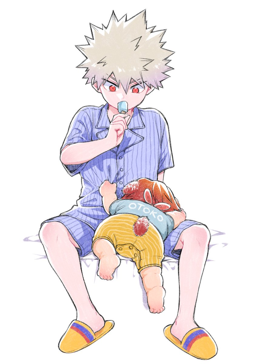 bakugou katsuki food spiked hair red eyes blonde hair multiple boys 2boys white background  illustration images