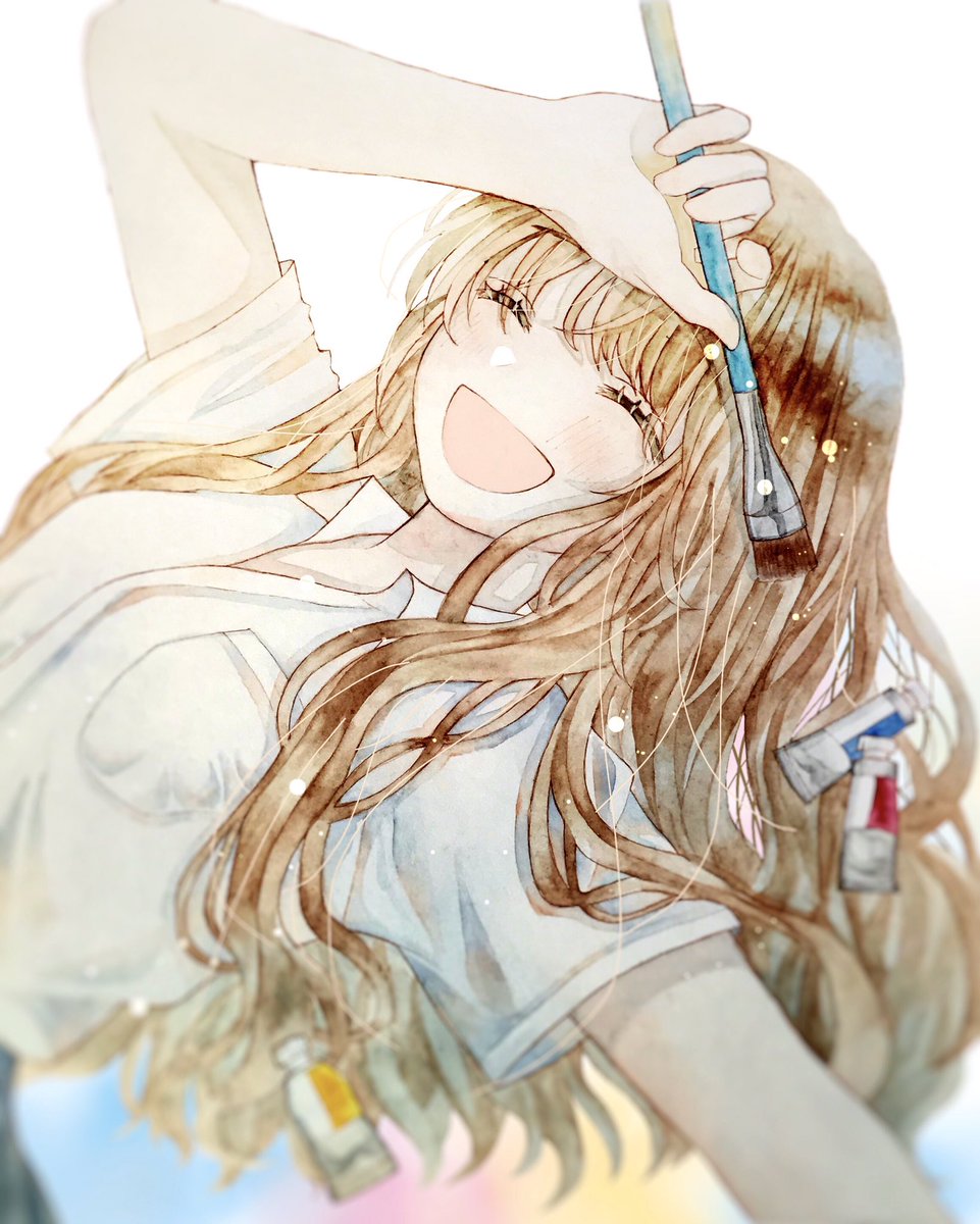 1girl solo closed eyes smile long hair brown hair shirt  illustration images