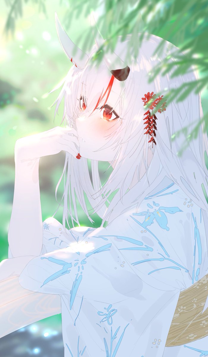 nakiri ayame 1girl horns solo red eyes kimono japanese clothes white hair  illustration images