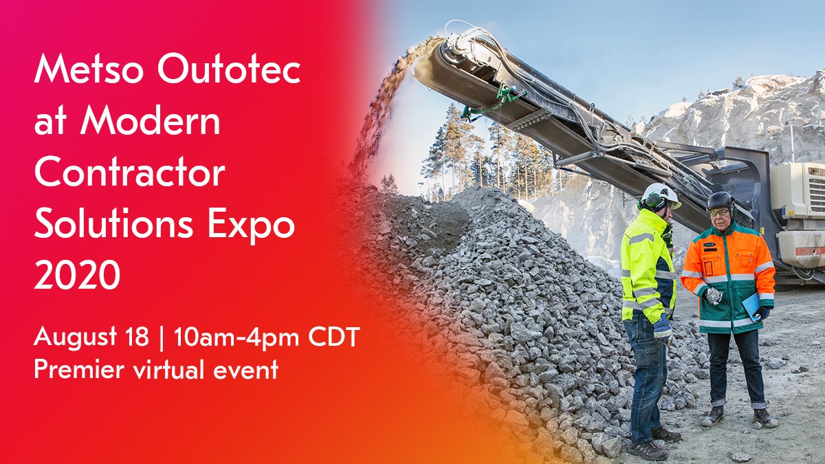 MetsoOfficial's tweet photo. Meet with your aggregates and contractor peers without the need to travel! Join Metso Outotec at the premier @mcsmag 2020 MCS Virtual Expo on Tuesday, August 18. Register here for the free online event👉 https://t.co/0rfrqqXDjm #crushing #screening https://t.co/ckr6BoeLcj