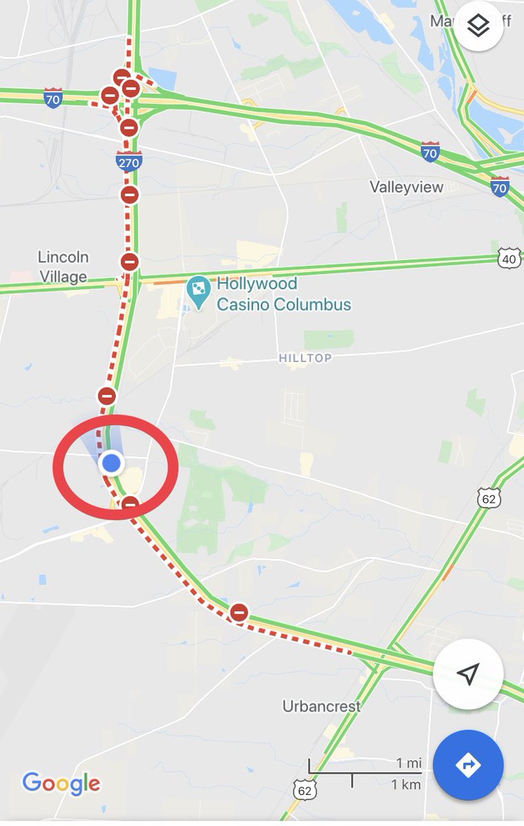 mikewsyx6's tweet photo. This @googlemaps image shows where @ColumbusPolice are investigating the double shooting on I-270 South (southwest @ColumbusGov)

270 SB is closed starting at I-70. 

Closure is expected to last until at least 6:30am.

@KatieWSYX6 is updating detour details now on @wsyx6. https://t.co/wM5tfJjpbG