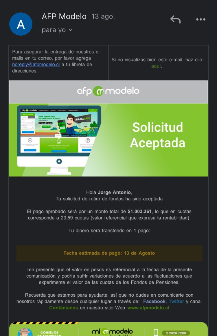 Soii_Jorge's tweet photo. @AFPModelocl este mail lo mandan por defecto o es real ?... estamos a día 14 de agosto, décimo primer día hábil y aún no depositan la plata 🤬 #afpmodelocl valen callampa 😡...
@BancoEstado alguna respuesta de parte de uds ? https://t.co/s5R4XAOHAj