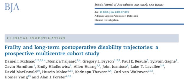 New in  @BJAJournals: New data on long term, pt-reported  #disability and  #frailty after  #surgery. Big take home is that ppl with frailty have a much larger DECREASE in disability 1 yr postop  https://bit.ly/2CquCYK . Seem surprising? 1/n