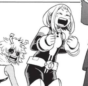 And last panel of 18 she cheers on All Might as he starts fighting she still has tears in her eyes 
