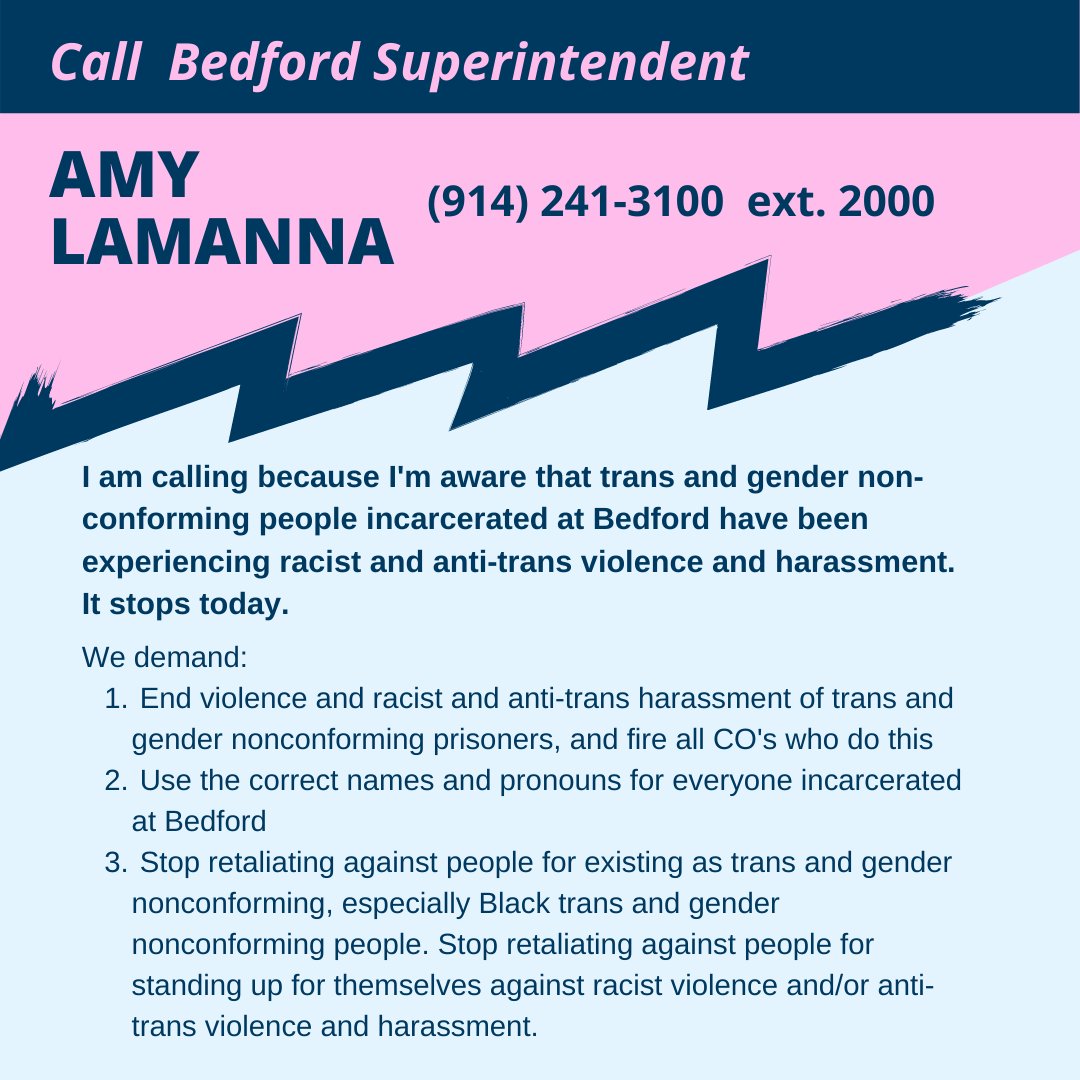horsegxrl's tweet photo. ⚡️PHONE ZAP DAY 2!⚡️
Let's keep making calls &amp; emails for our trans and GNC comrades incarcerated at Bedford! CO's at Bedford are subjecting our comrades and loved ones to racist and anti-trans violence and harassment. It ends now.
🔗 https://t.co/glmt6sQwBL for email scripts https://t.co/nQzCz611vm