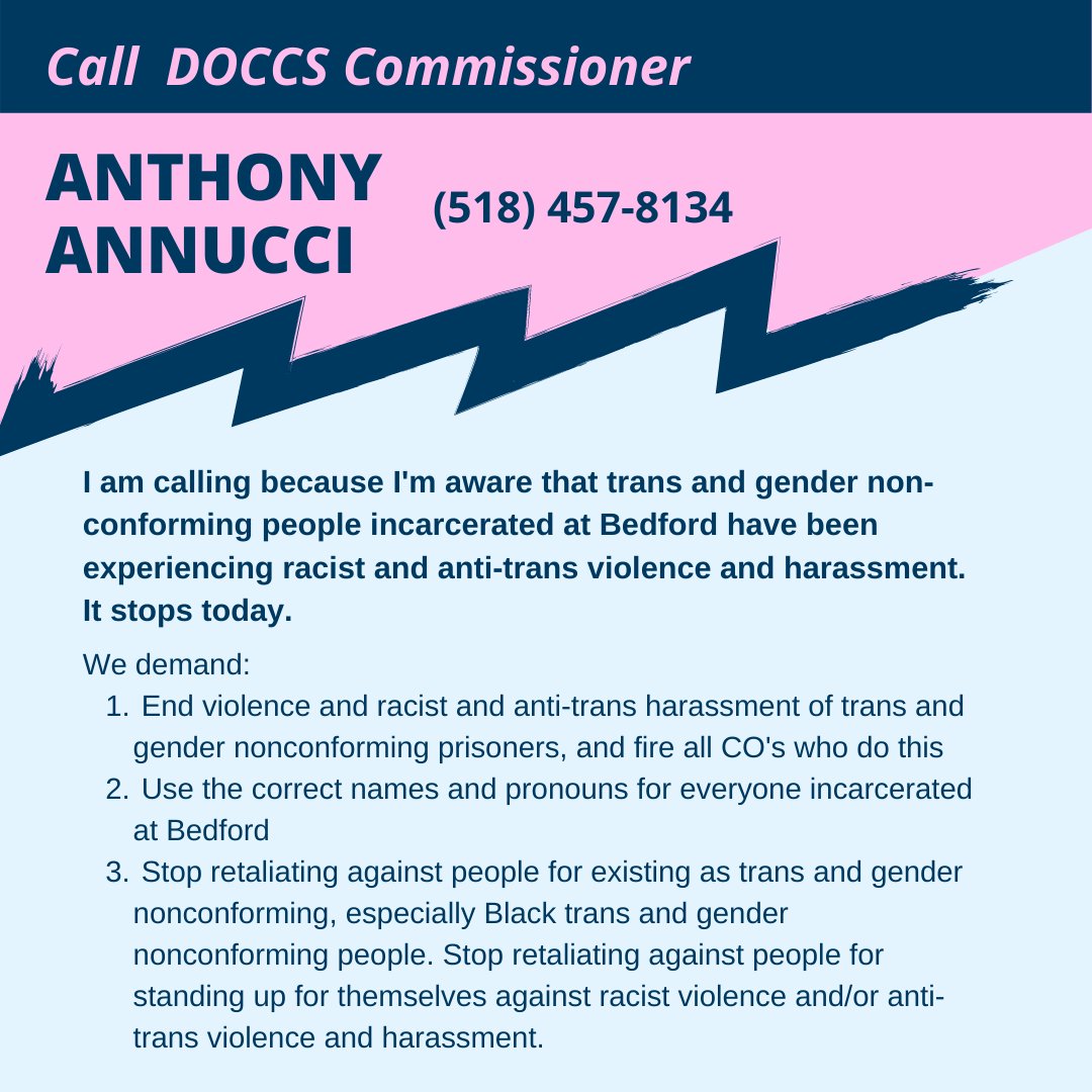 horsegxrl's tweet photo. ⚡️PHONE ZAP DAY 2!⚡️
Let's keep making calls &amp; emails for our trans and GNC comrades incarcerated at Bedford! CO's at Bedford are subjecting our comrades and loved ones to racist and anti-trans violence and harassment. It ends now.
🔗 https://t.co/glmt6sQwBL for email scripts https://t.co/nQzCz611vm