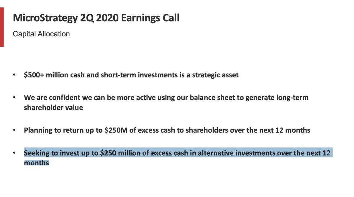 3. During their second quarter earnings call in late July 2020,  @MichaelSaylor, CEO of  @MicroStrategy, announced his intention to explore purchasing bitcoin, gold or other alternative assets, with $500 million of cash reserves, and only $50 million needed for OPEX.