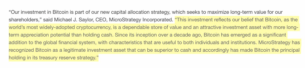 4. While initially hinting at a broader portfolio of alternative assets,  @MicroStrategy only bought one: all-in bitcoin. Argument was built around the potential for the deterioration of real value in fiat currencies, and a belief that Bitcoin represents a safer store of value.