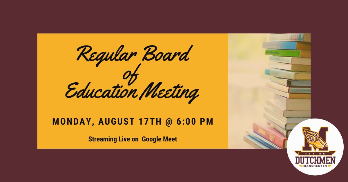 A Regular Board of Education meeting is scheduled for: Monday, August 17th, 2020 at 6:00 PM

This meeting will be virtual, please join us using this link: meet.google.com/npz-kjev-qeg
