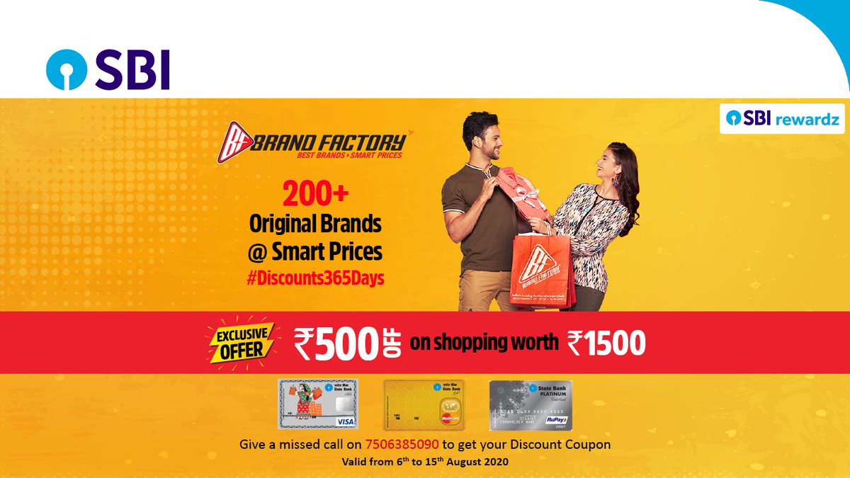 TheOfficialSBI's tweet image. It's time to streamline your wardrobe!
 
Shop your favourite brands at Brand Factory and get Rs.500 off on shopping worth Rs.1500. Know more: bit.ly/31kKoi6
 
#BrandFactory #SBI #SBIRewardz #StateBankOfIndia