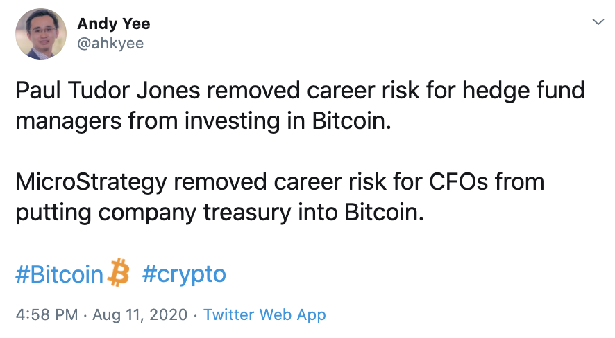 12. Fiduciaries need Bitcoin. CFOs managing corporate treasury programs may be in breach of their fiduciary duty if due diligence and adequate capital allocation strategies are not developed for bitcoin. Plus, the career risk is now removed as  @ahkyee pointed out.
