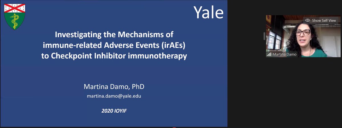 <a href="/martinadamo/">Martina Damo</a> from <a href="/YaleCancer/">Yale Cancer Center</a> and <a href="/Yale_CIO/">Yale Center for Immuno-Oncology</a>  opened up our Friday sessions at #IOYIF20 with a discussion of her research into the mechanistic basis of immune-related adverse events (irAEs) associated with checkpoint inhibition.