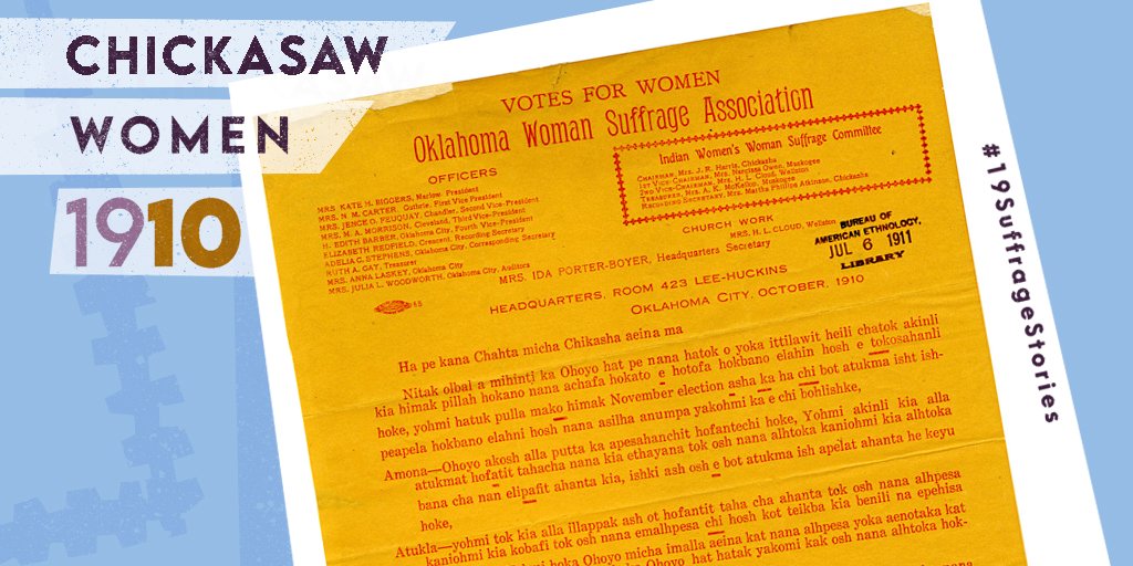 This 1910 handbill in our  @silibraries encouraged Chickasaw women and men to support women’s suffrage. In the 19th and early 20th centuries, most American Indians were not considered U.S. citizens and could not vote.  #19SuffrageStories  