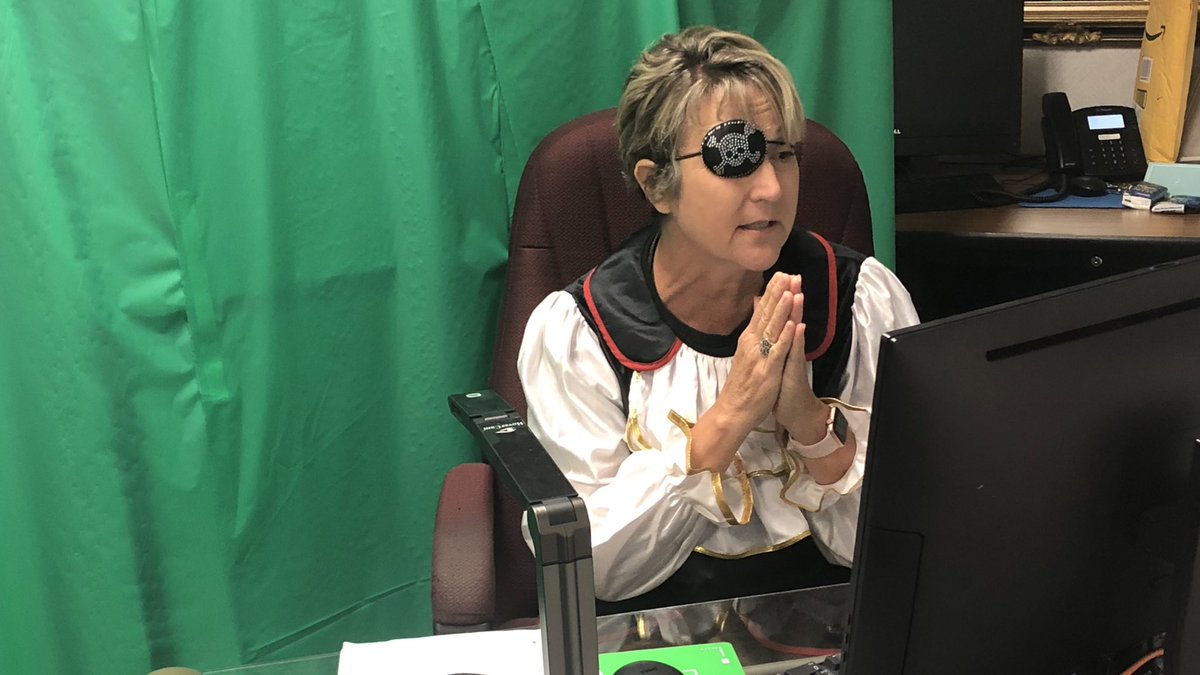 Pam Churchill (6th grade at <a href="/greenexplorers/">Green Elementary</a>) takes her lessons VERY seriously. For a World Cultures lesson, students had to pretend they were ship wrecked on an island. Mrs. Churchill went all out by dressing as a pirate. Priceless! 🏴‍☠️ #AhoyMatey