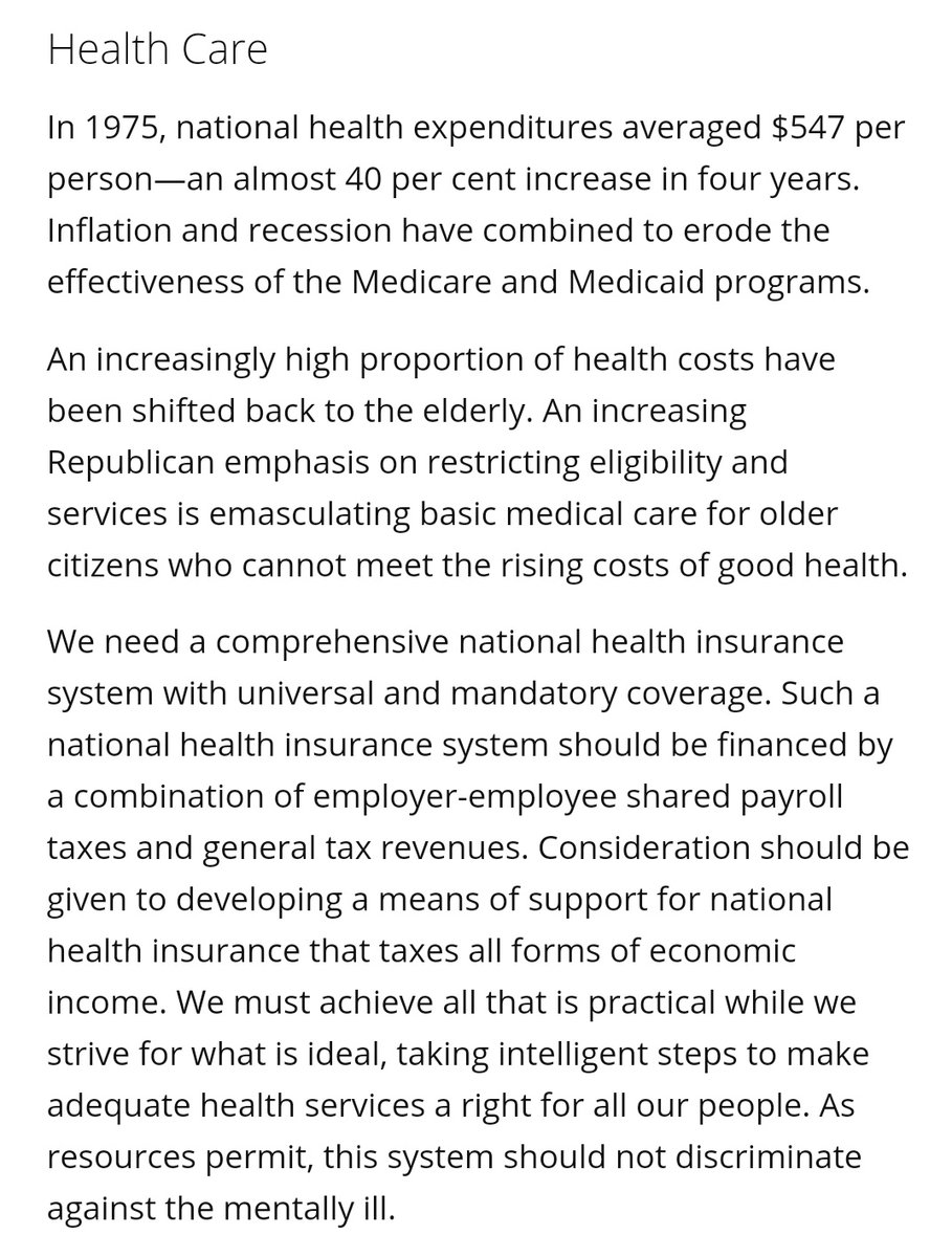 Here, the Democratic platform under Carter called for universal health care with mandatory coverage paid for by taxes. A sort of Medicare for All if you will. https://jacobinmag.com/2019/07/joe-biden-health-care-plan-uninsured