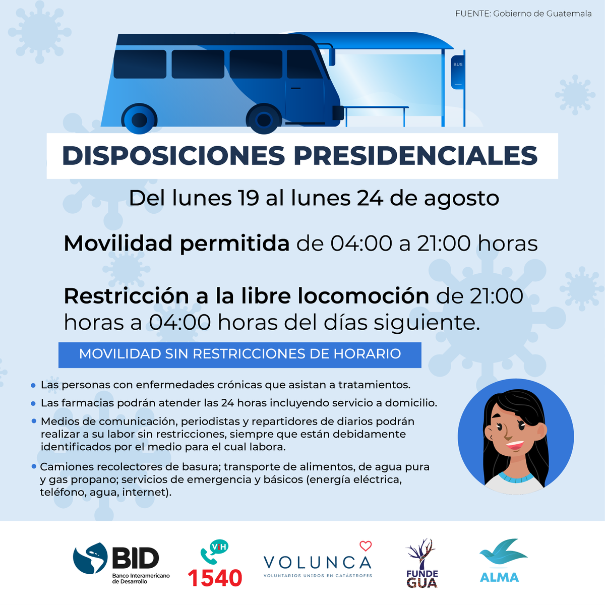 alma_responde's tweet photo. #ALMAinforma las disposiciones presidenciales para la movilidad permitida y restricciones a la libre locomoción del lunes 19 al lunes 24 de agosto.
@InfoFundegua @volunca @el_BID @Linea1540 https://t.co/mfSOcoxzed