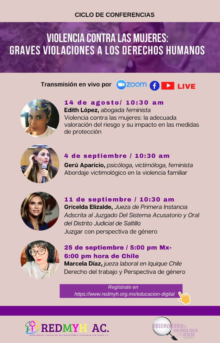 RedMYH's tweet photo. #ViernesdeConferencia Les invitamos a seguirnos en nuestra seria programática de #EscueladeDDHH Conversaremos con♀️ Edith López, Abogada feminista 
Tema: Violencias contra las mujeres: la adecuada valoración del riesgo y su impacto en las medidas de protección.
#PandemiaCOVID2020 https://t.co/qmlr1MIURv