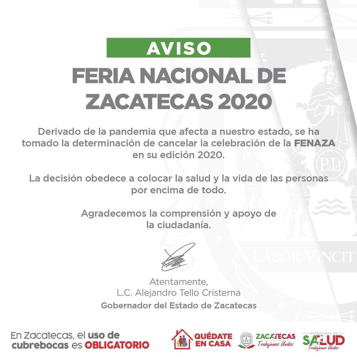 Ante la contingencia sanitaria provocada por el #COVID19 y privilegiando la salud de nuestros visitantes, el Gobernador <a href="/ATelloC/">Alejandro Tello</a> tomó la decisión de cancelar la #FENAZA2020. Apelamos a su comprensión y nos vemos en la edición 2021 si las condiciones lo permiten.