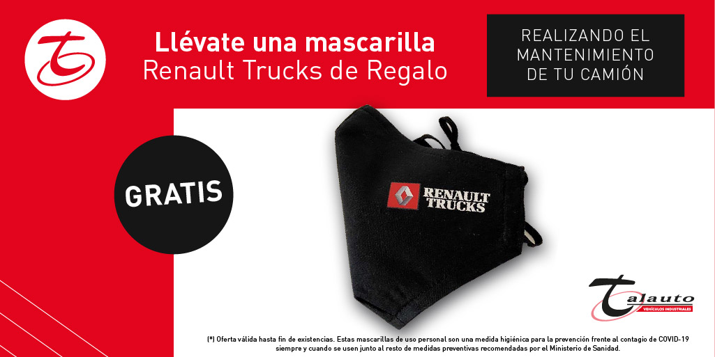 TalautoVI's tweet image. Desde hoy en Talauto Vehículos Industriales te regalamos 😜 esta mascarilla personalizada por #RenaultTrucks tan solo haciendo el mantenimiento 🔧 de tu camión. ¿Quieres una? Pide cita en nuestro taller llamado al ☎️ 925 869 150 ☎️ o en nuestro formulario👉buff.ly/33Uocwu