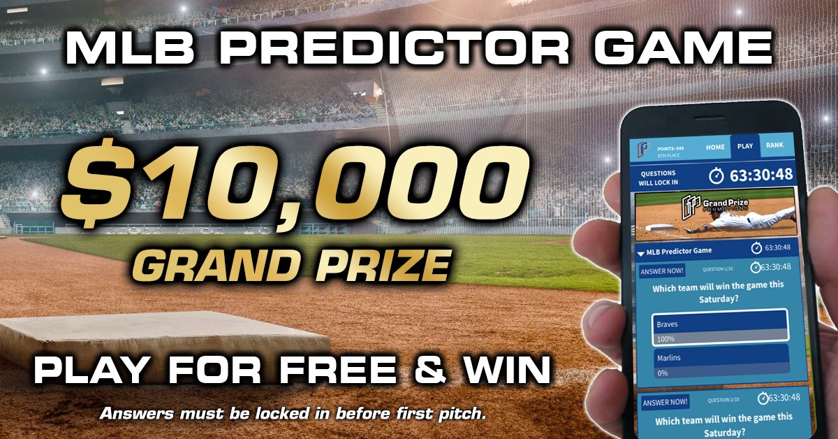 GPrize_Promos's tweet image. Our MLB Predictor Game is LIVE! Play for FREE, Predict and you could WIN $10,000! Top 3 scores are guaranteed CASH! Picks must be submitted before Saturday at 6pm EST.
Play on your phone here: bit.ly/3fZiHyR