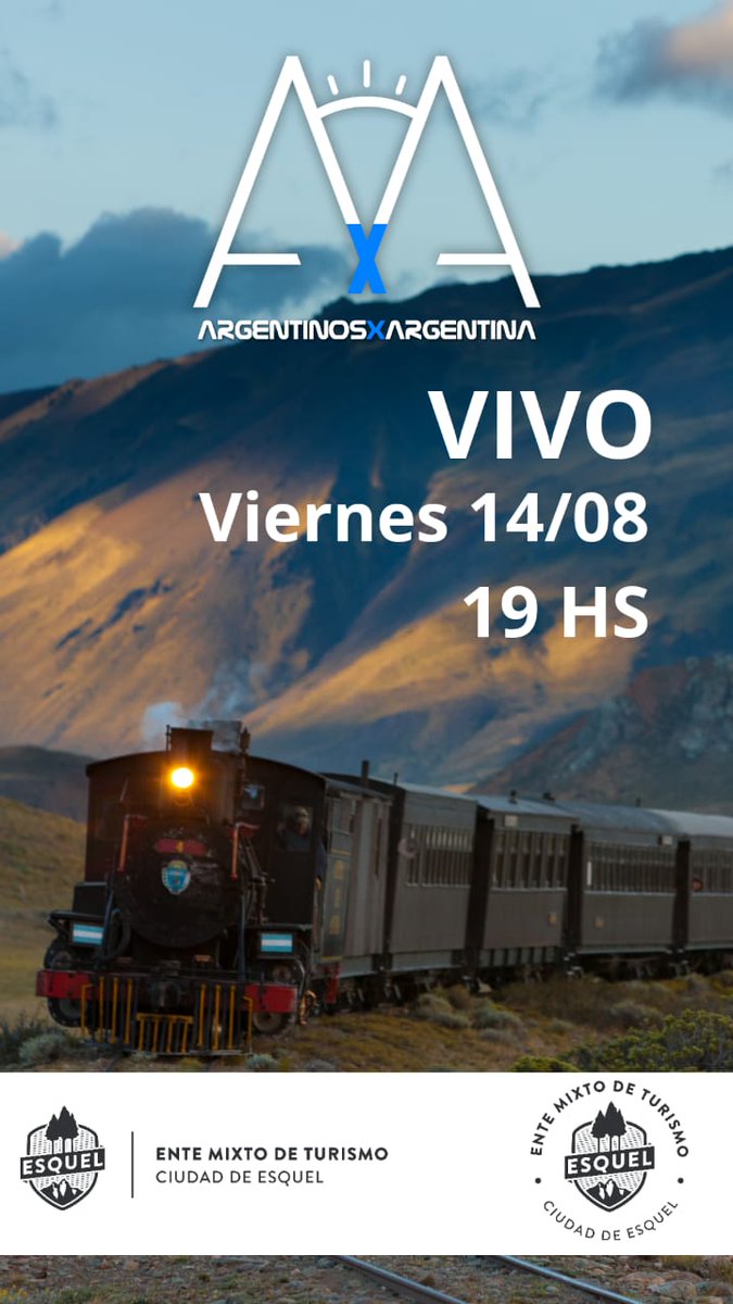 Te invitamos a participar del vivo entre Mariano Riquelme, Secretario de Turismo de Esquel, junto a Argentinos x Argentina. 
Hoy viernes 14 de agosto a las 19 hs. por Instagram entre las cuentas @turismoesquelok y <a href="/Argentinosporar/">ArgentinosXArgentina</a> 
Te esperamos!