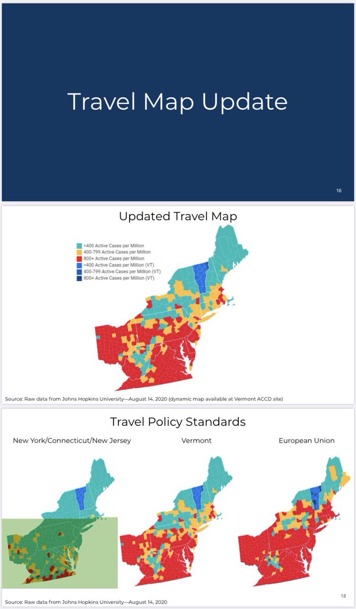 Speakers today: the governor, the health commissioner and the DFR commissioner, with a modeling report. Speaking of safe counties, here’s the updated map. Slide attached but interactive version can be found here:  https://dfr.vermont.gov/about-us/covid-19/modeling/covid-19-modeling-graphics (not yet updated as I tweet).