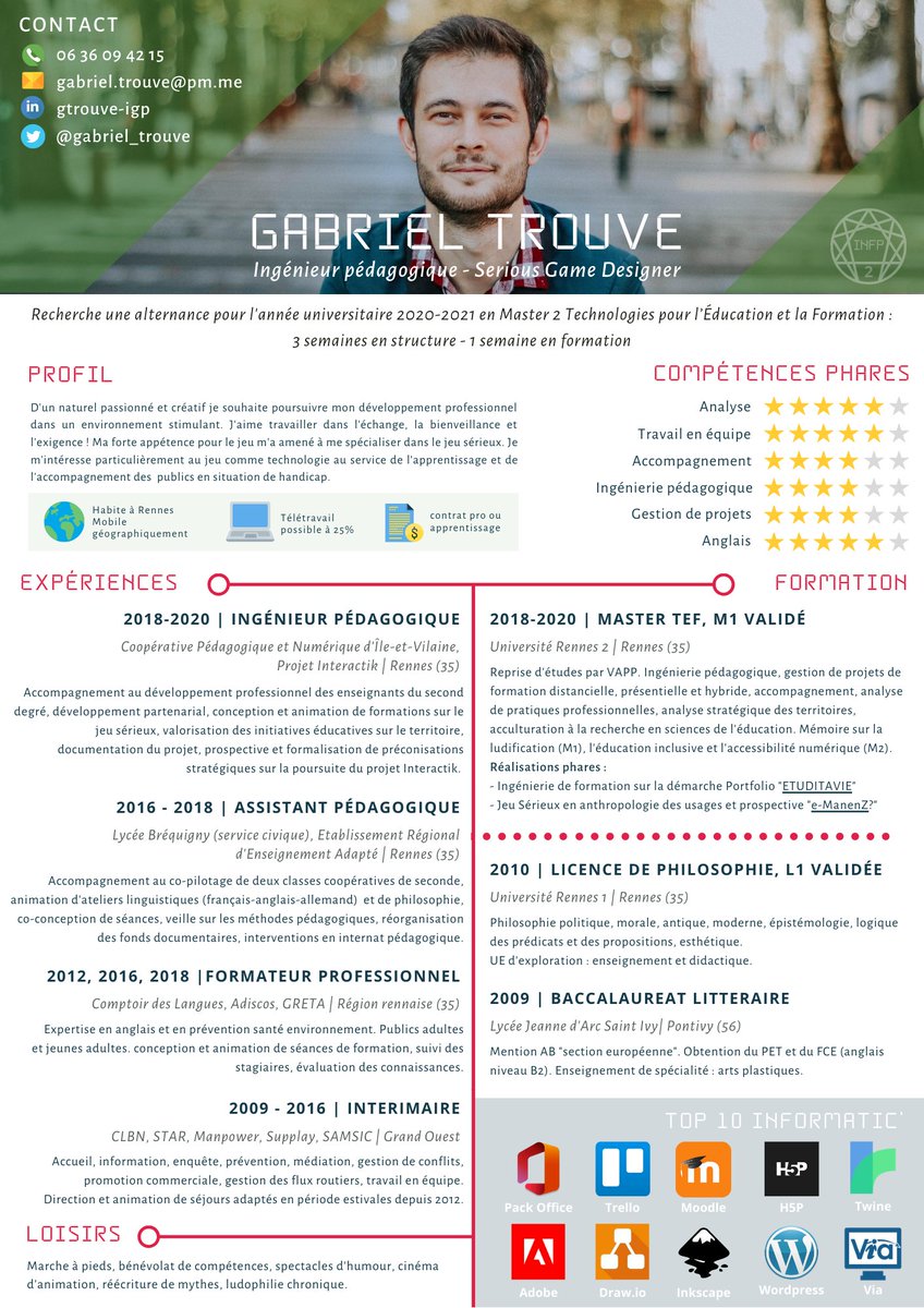 gabriel_trouve's tweet photo. Bonjour la twittosphère ! Je recherche une alternance en ingénierie pédagogique portée sur le jeu comme technologie au service de l'apprentissage et de l'accompagnement. Je suis attentif à toute proposition, merci d'avance pour vos partages ! @i4Emploi #opentowork https://t.co/jtVGUMIVKH