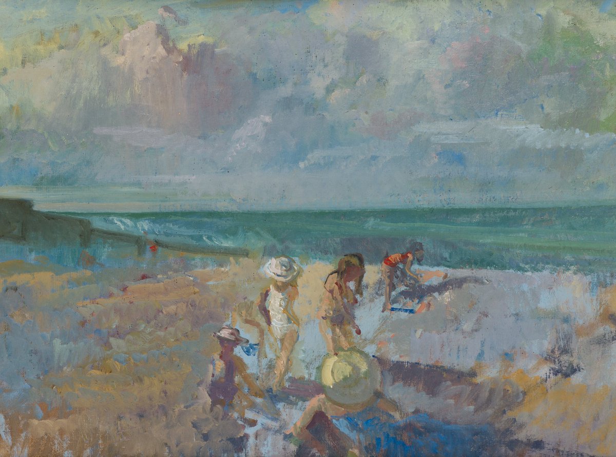 OlympiaAuctions's tweet photo. A beach scene by Peter Kuhfeld (b.1959). A scene from childhood evoking joyful simplicity conjured in ‘At the Seaside’ by Robert Louis Stevenson:
‘When I was down beside the sea
A wooden spade they gave to me
To dig the sandy shore......’
Estimate: £600-800 #Picturesauction https://t.co/WM5W6rKhjx