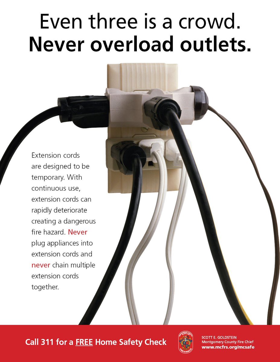 Oz_Prevention's tweet photo. Help reduce the risk of electrical fires. Inspect all wiring for wear before use & never overload electrical outlets or power strips. Learn more about electrical #FireSafety. https://t.co/qdwZtuZBfG https://t.co/mgfhFXGnjM