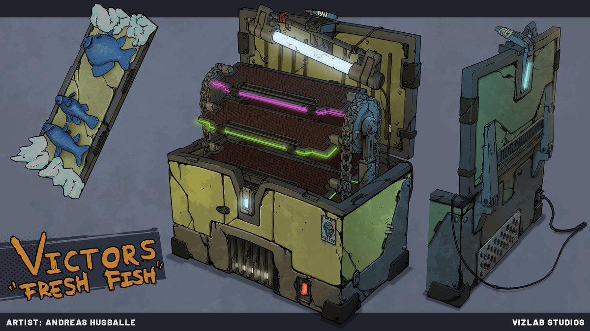 Unboxing "fresh fish". Weapons vendor in #Borderlands3 style for our upcoming tutorial.

#Gamedev #conceptart <a href="/GearboxSoftware/">Gearbox Software</a> <a href="/Borderlands/">Borderlands</a>