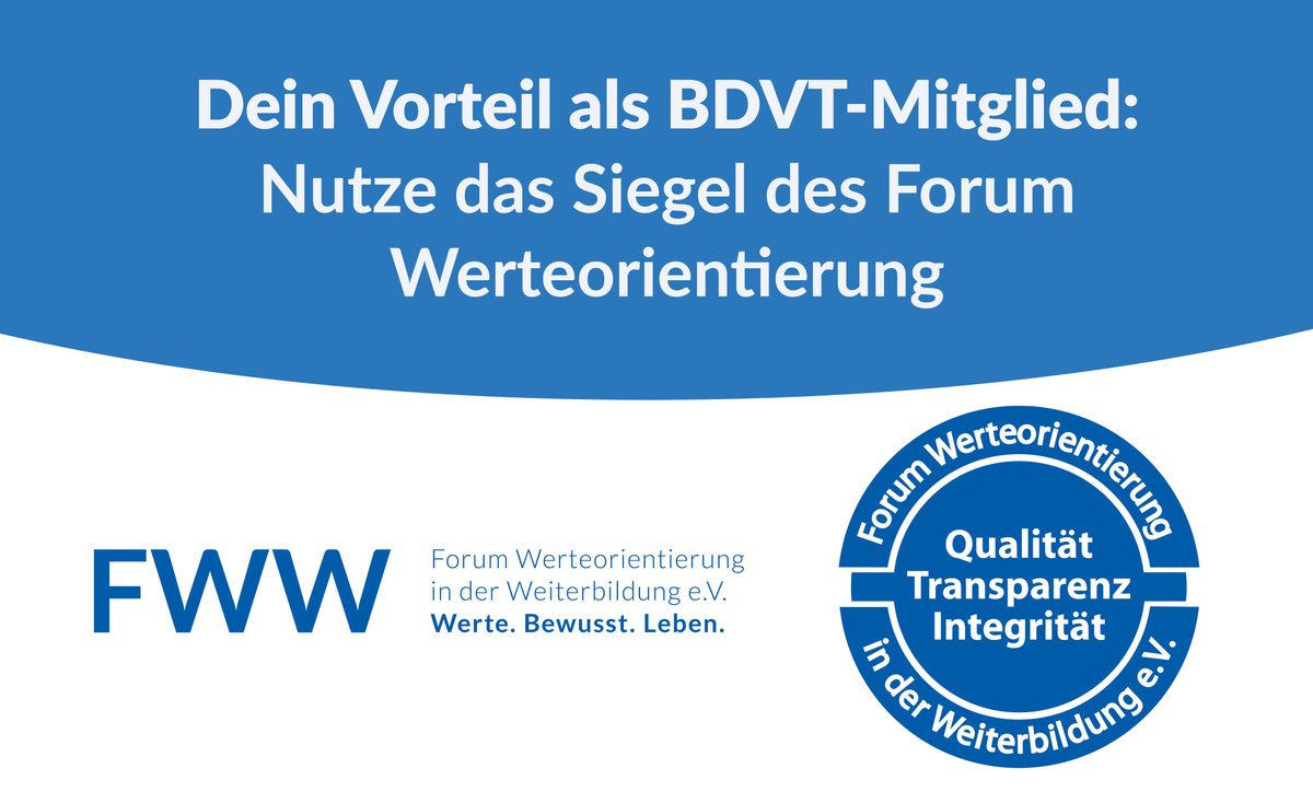 der_bdvt's tweet photo. Nutze deine #Vorteile als BDVT-Mitglied und verwende z.B. das Siegel des Forum Werteorientierung, um deine #ethische #Qualität zu belegen! 
https://t.co/ff17c6IBVL 

#Qualität  #Transparenz  #Integrität #bdvt https://t.co/UIkZazRRib
