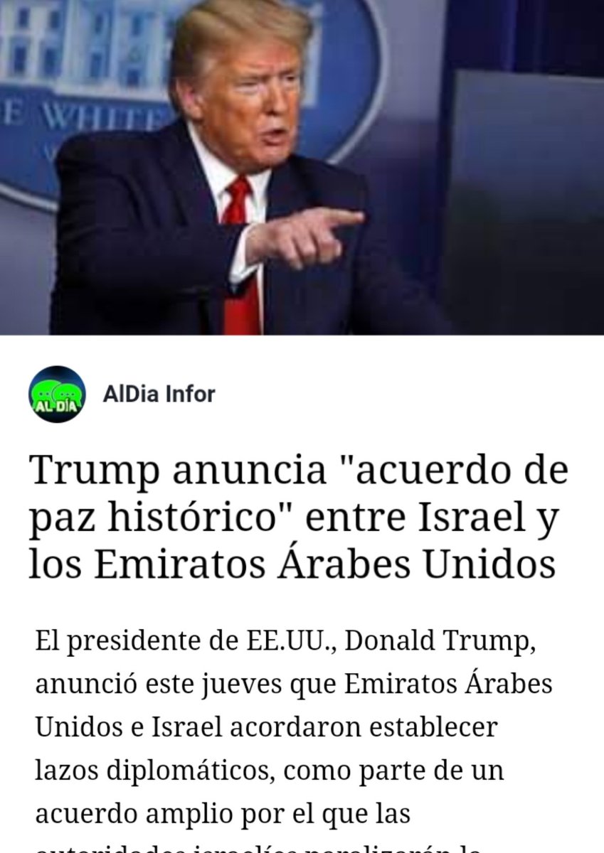 El presidente de Estados Unidos anunció un acuerdo de paz entre Israel y Emiratos Árabes Unidos.

+ Detalles 👉🏼 is.gd/HCXhNd