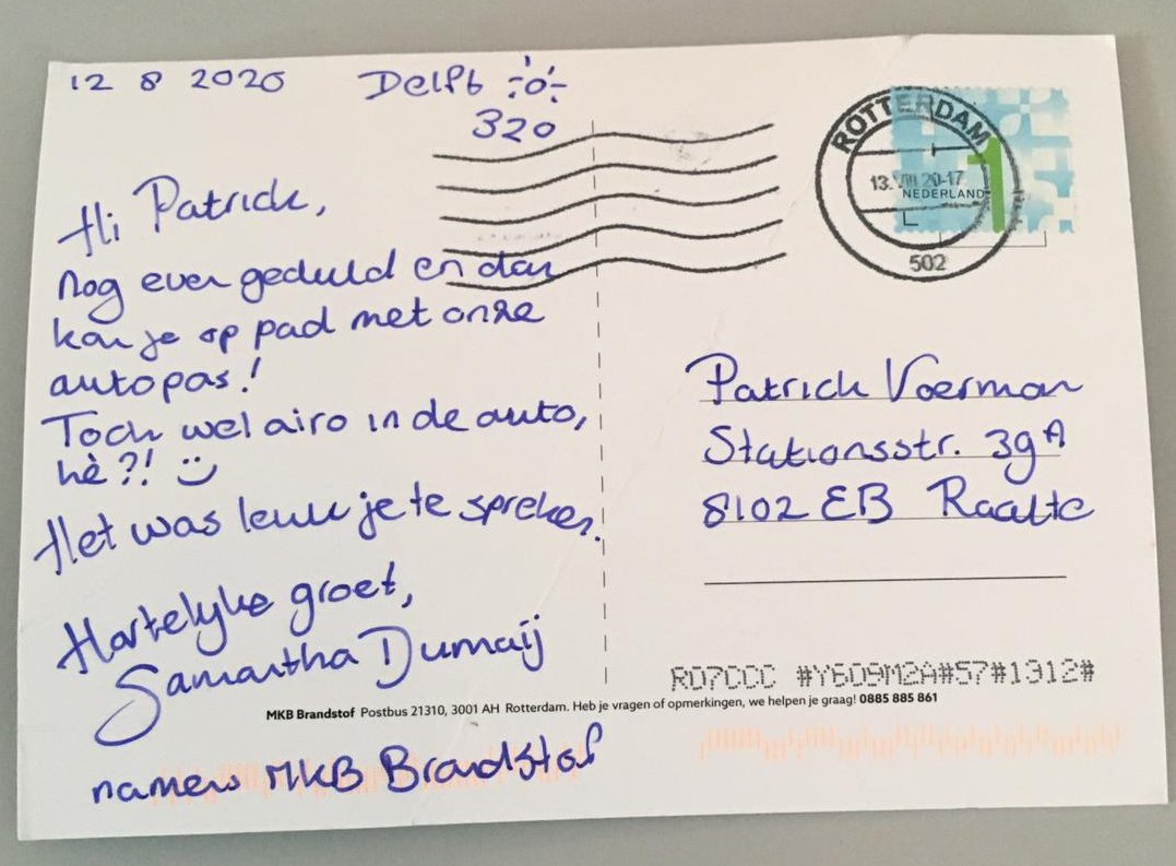 patrickvoerman's tweet image. Na een prettig telefoongesprek met @MKBBrandstof voor het aanvragen van een nieuwe pas, vandaag ook deze kaart ontvangen. Heel erg leuk én persoonlijk. Dank je Samantha!