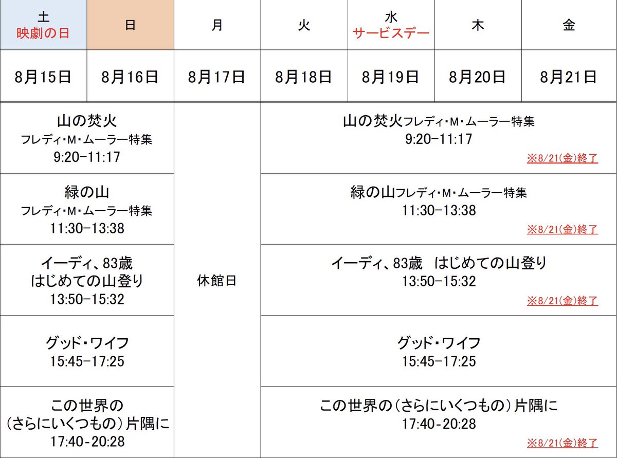 uedaeigeki's tweet photo. 8/15(土)〜8/21(金)までの上映スケジュールです💁🏻

8/15は映劇の日。どなたさまも1,200円でご鑑賞いただけます。『フレディ・M・ムーラー特集 マウンテン・トリロジー《「山」三部作》』『イーディ、83歳 はじめての山登り』『この世界の（さらにいくつもの）片隅に』以上3作品は8/21までの上映です🎥 https://t.co/6ec5JtcdRm