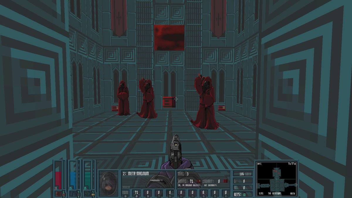 You meet a lot of red monks at first, who throw projectiles at you. They are pretty easy to defeat. The turquoise aesthetic is interesting but the high-def enemy graphics jar with the surroundings.