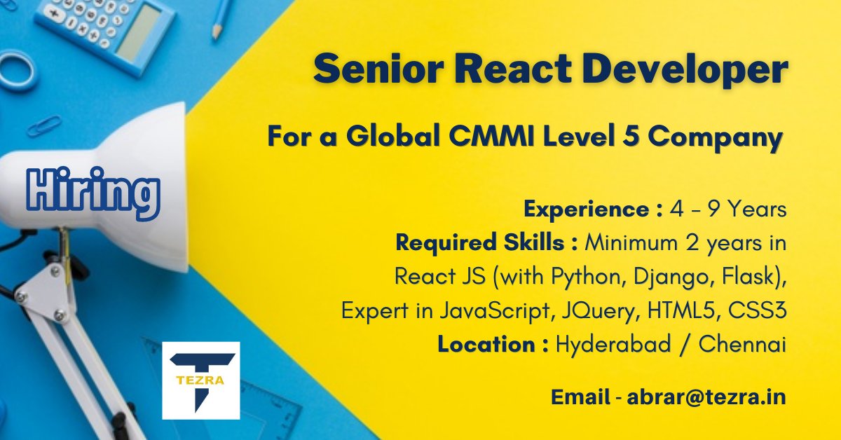 Tezrarecruiter's tweet image. We're #hiring #seniorreactdeveloper for a Global CMMI Level 5 Company @ #Hyderabad / #Chennai
To Grab this opportunity, please apply to abrar@tezra.in
#reactdeveloper #Python #Django #Flask #JavaScript #JQuery #HTML5 #CSS3 #chennaijobs #devjobs #jobs #itjobs #tweetmyjobs