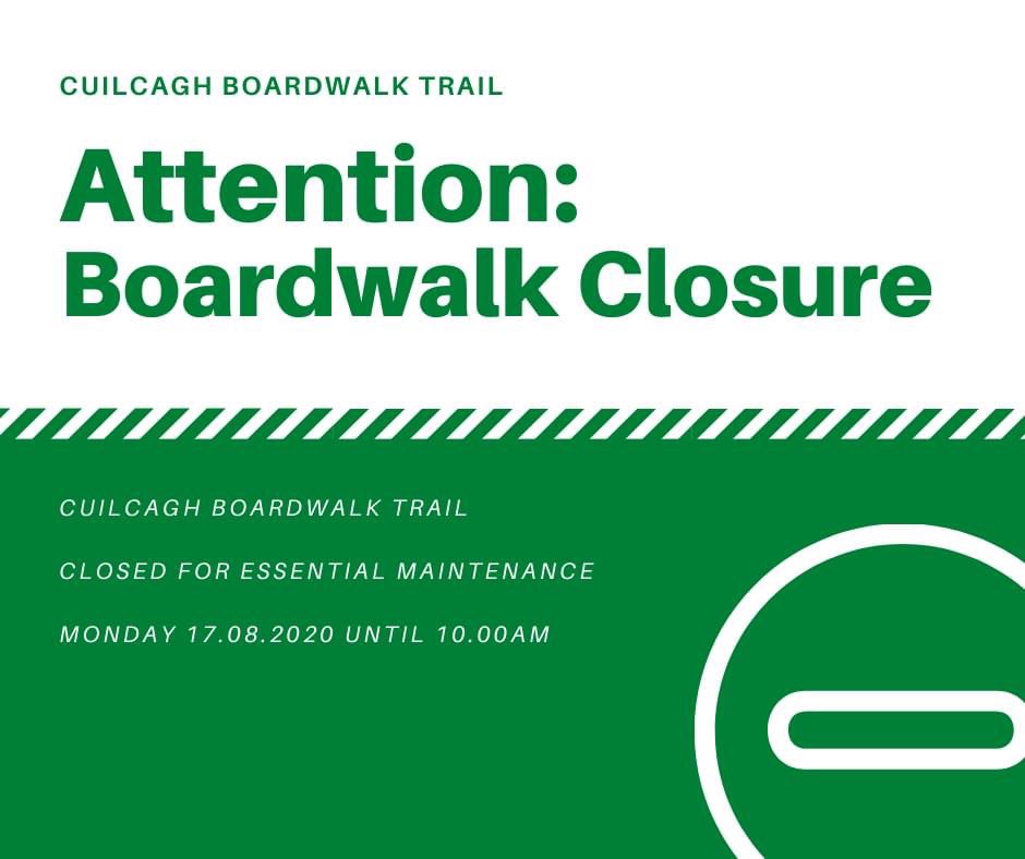cuilcaghlakes's tweet photo. ADVANCE WARNING: 

Cuilcagh Boardwalk Trail will be closed from Sunday night 16th August 2020 until 10.00am on Monday 17th August 2020 for essential maintenance works.

Please share far and wide! 

#macgeopark #cuilcaghboardwalk #cuilcagh #fermanagh https://t.co/q7Oeso6hFx