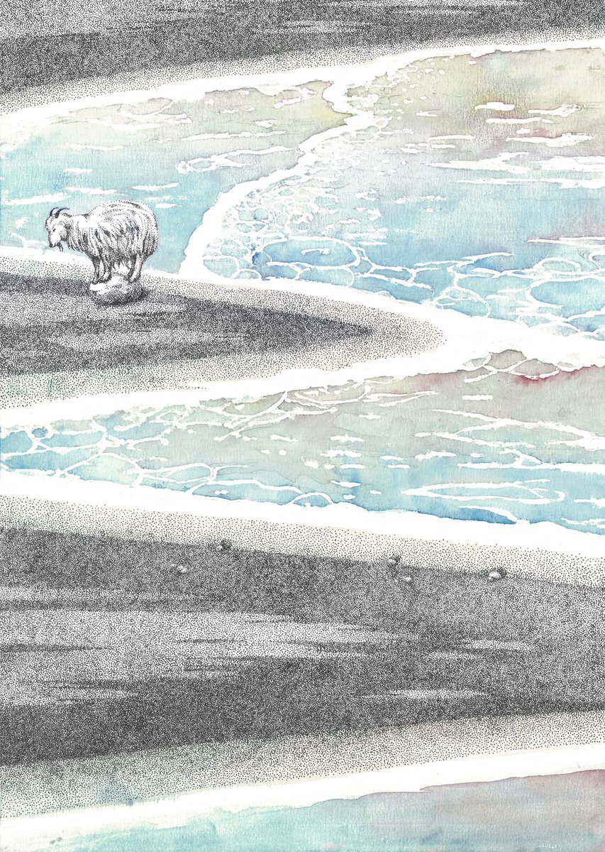 中川 ペン画 水彩画 浜辺とヤギ ペンと透明水彩で描いています 浜辺は点描画 海は透明水彩です ペンの細かな描写と透明水彩の大らかな色彩と ギャップのある絵にしました 8月の絵 イラスト 絵画 ペン画 細密画 透明水彩 水彩画 T