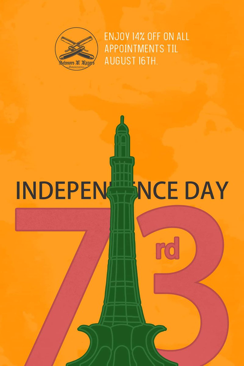 Sposo01's tweet image. Wishing you all a very Happy Independence Day from Team Scissors N&apos; Razors. Enjoy 14% off on all appointments from 14th to 16th August. #azadiweek

For Bookings Contact: 0306-4433638