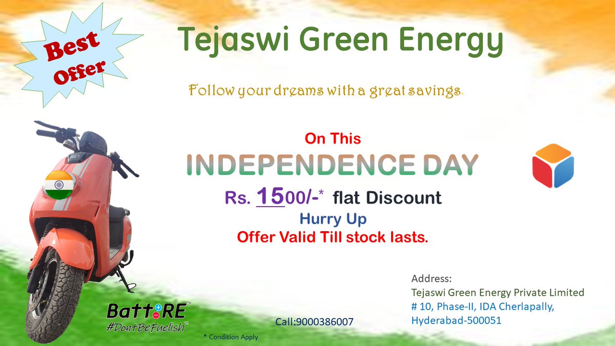 tejaswigreen's tweet photo. Avail this offer on BattRE Electric Scooters. Be independent for your commute. 

 #localkovocal #TGE #IndependenceDay #electricvehicles https://t.co/2wBqizIuPT