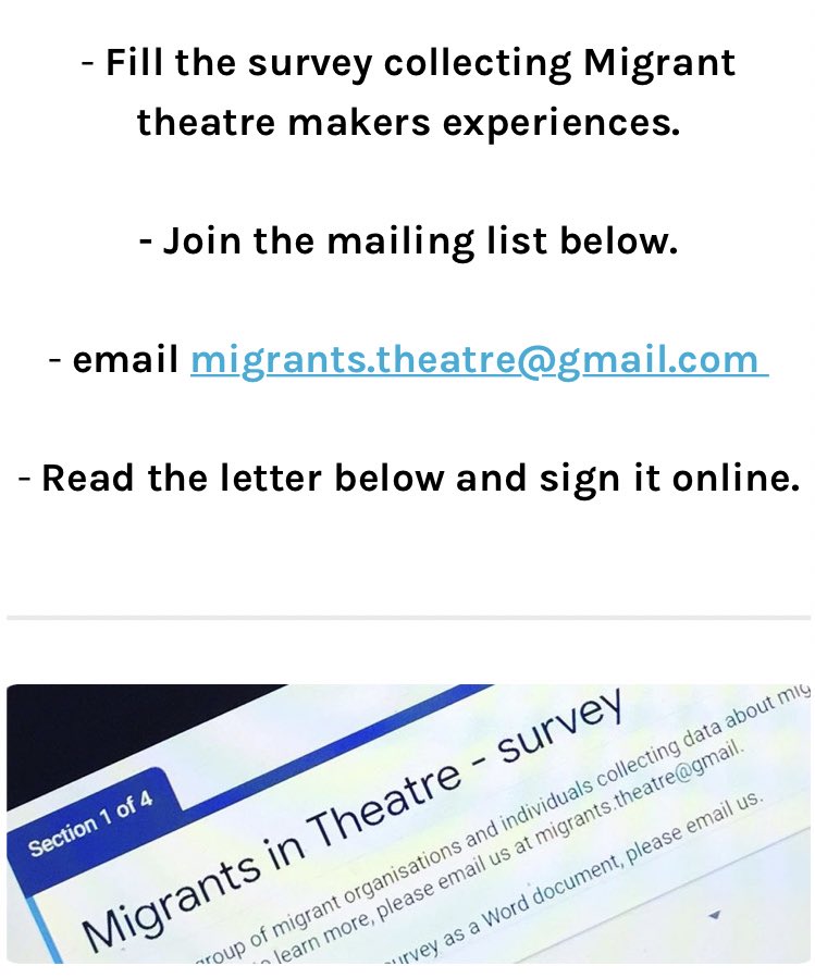 Want to know more about #migrantsintheatre ? We have created a basic landing page to include info on who we are and how to get involved. 
We hold regular monthly meetings open to all migrant artists and are planning town halls with venues across the UK

mailchi.mp/1a914a8fdbc0/m…