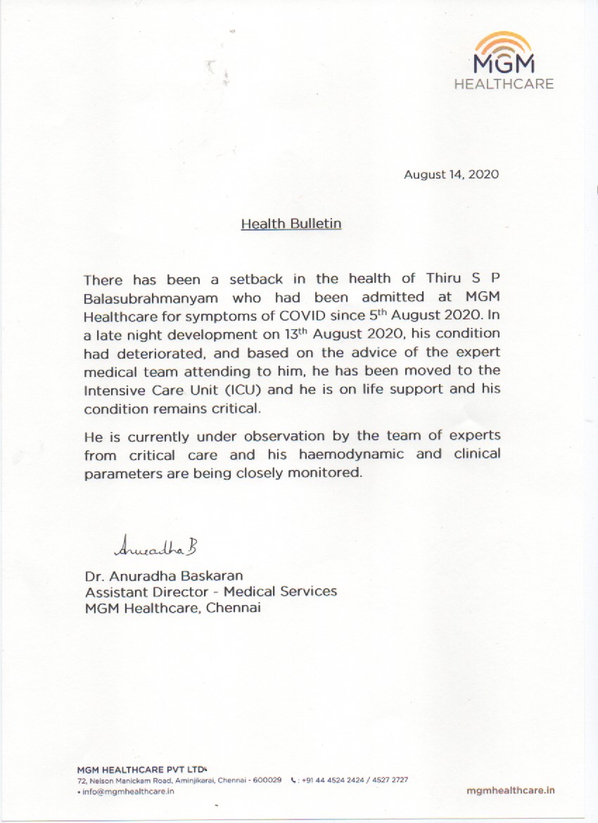 Vamsi Kaka Legendary Singer S P Balasubrahmanyam Garu Has Been Moved To Icu He Is On Life Support And His Condition Remains Critical Says Hospital Authorities T Co Tqjugzuqbi Vamsi Kaka Legendary Singer S P Balasubrahmanyam Garu Has Been Moved To Icu He Is On Life Support And His Condition Remains Critical Says Hospital Authorities T Co Tqjugzuqbi