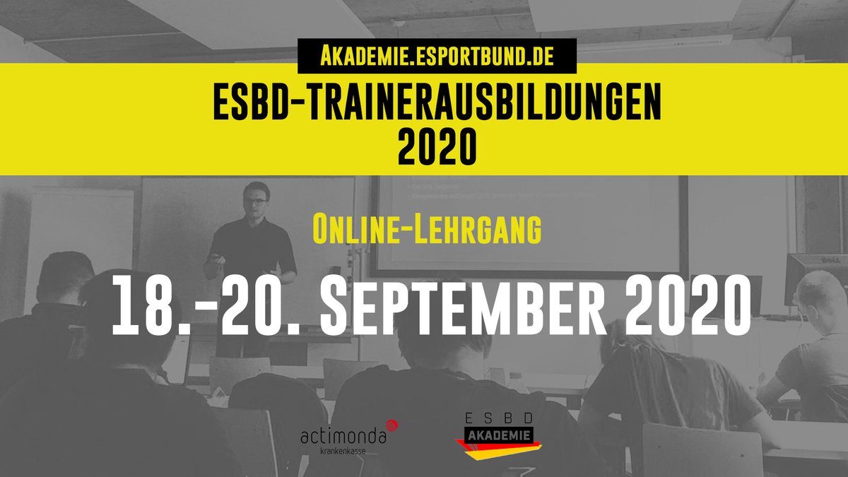 ESBD_Verband's tweet photo. Bisher hat noch kein Termin gepasst, um an der ESBD-Trainerausbildungen in Kooperation mit @actimonda teilzunehmen? Kein Problem! Auch im September und Oktober bieten wir wieder Online-Lehrgänge an: 

⏰ 18.-20.09. 
⏰ 16.-18.10.

▶️ Mehr dazu: https://t.co/DZgQExuZ3y https://t.co/l5KrZRR4fT