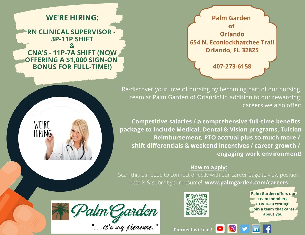 PGRecruit's tweet photo. Re-discover your love of nursing with Palm Garden of #Orlando! Nurse management & #CNA full-time opportunities available! Visit: https://t.co/0FbQP6WV8h to submit your resume today! #RNManagement #SkilledNursing https://t.co/X6epqOm36q