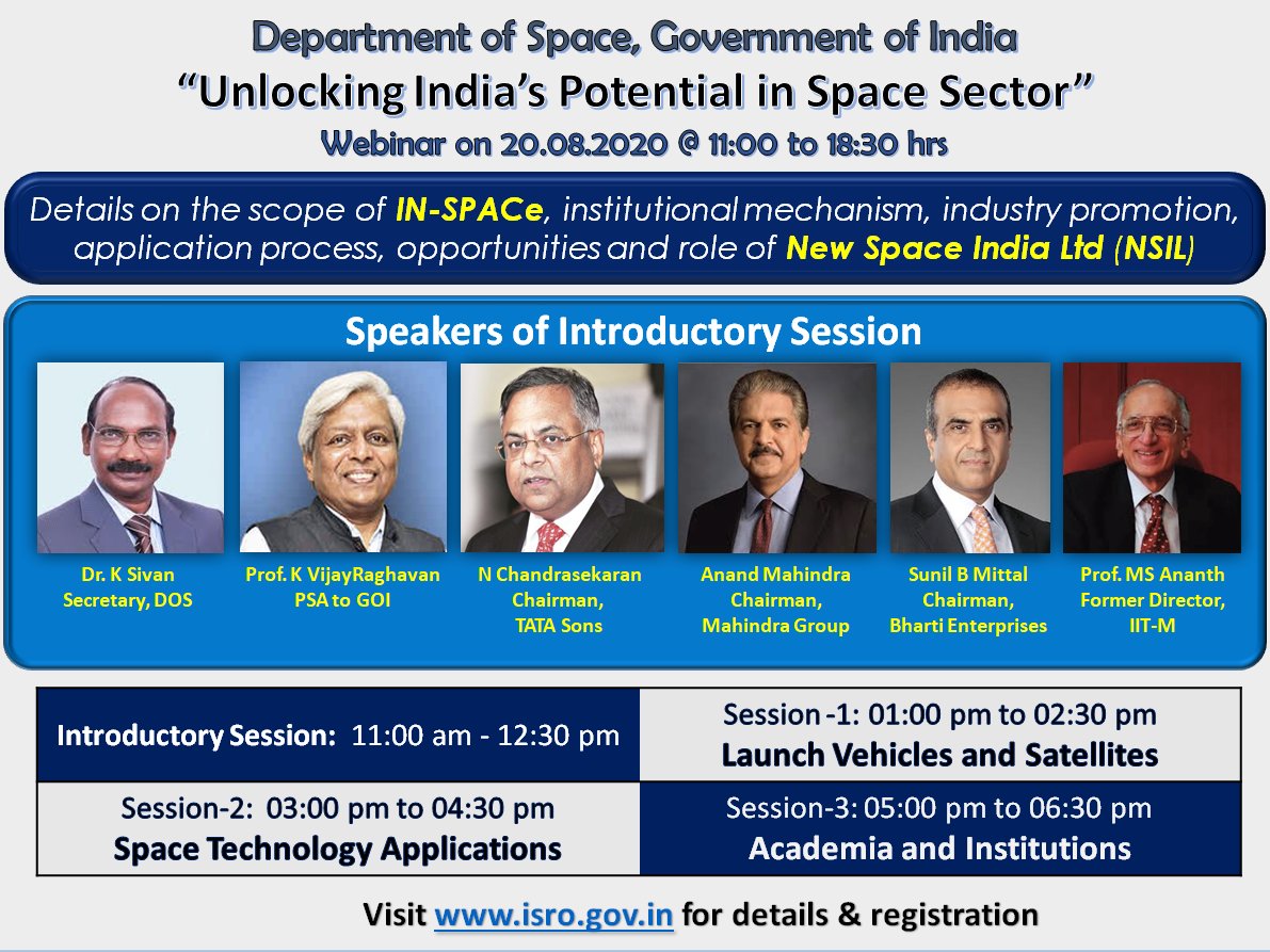 Join us for Webinar on Unlocking of India's Potential in Space Sector.

For details visit: bit.ly/3ap2p0S

#Webinar #INSPACe #NSIL