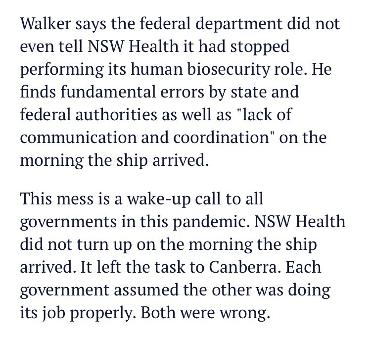 11. ABF off hook in  #RubyPrincess inquiry but not replacement for Australia’s quarantine service, a section of Agriculture Dept. it did not do its job and that’s on Littleproud, who lied that its job did not include human health.  @KKeneally was right.  https://twitter.com/crowedm/status/1294188909962747906?s=21