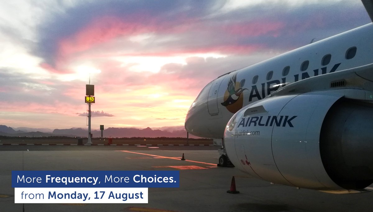 More Frequency, More Choices - We're enhancing flight services and frequency on certain routes from Monday, 17 August.

Click here or more details: bit.ly/3fVNOvk
#Airlink4Z #flyairlink #travelreadysa #IAmTourism #wearetourism